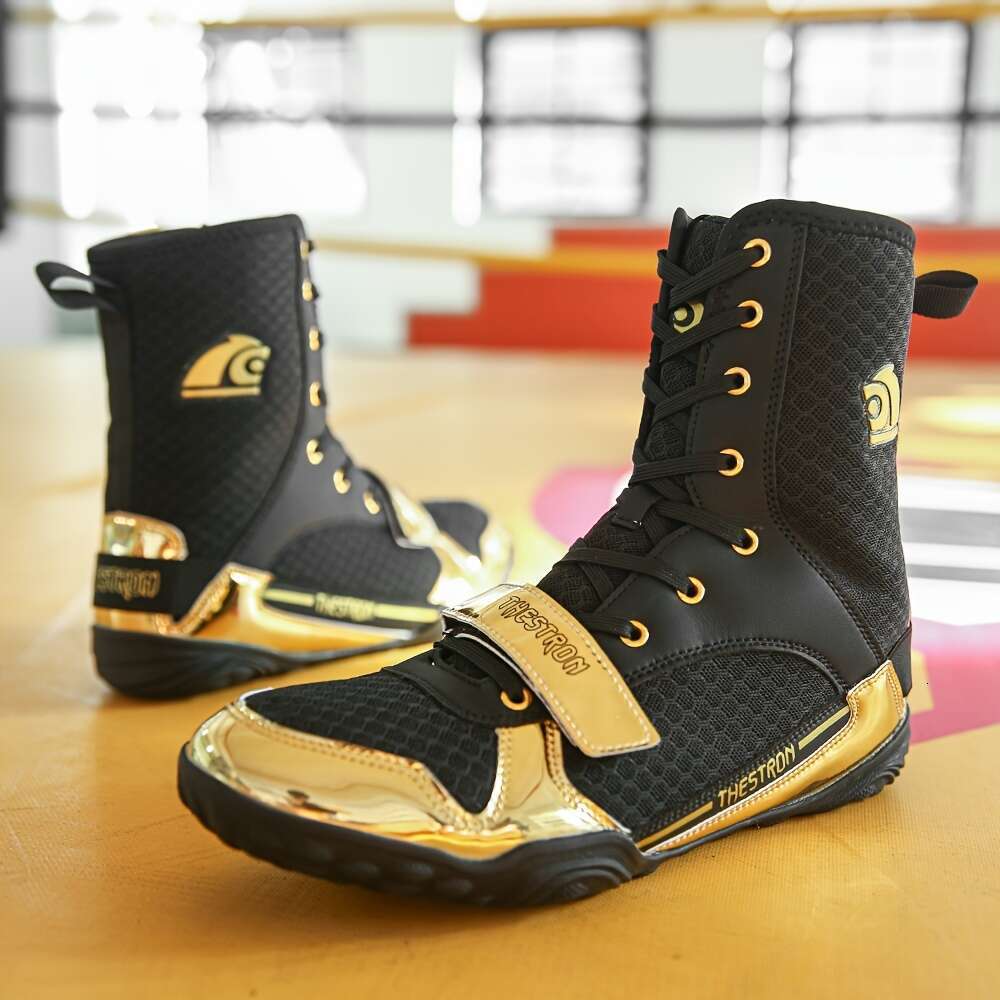 Men Professional High Top Wrestling Heavy Duty Martial Arts Rubber Sole, Pu/Nylon Like Mesh Accent All Season Indoor Gym Boots Mma, Kickboxing