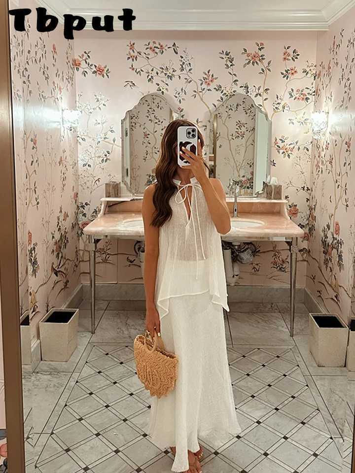 Fashion Womens Lace Top Dress Sleeveless O-neck Womens Set 2025 Spring/Summer Ele Beach 2-piece Set Womens SetXJ250414