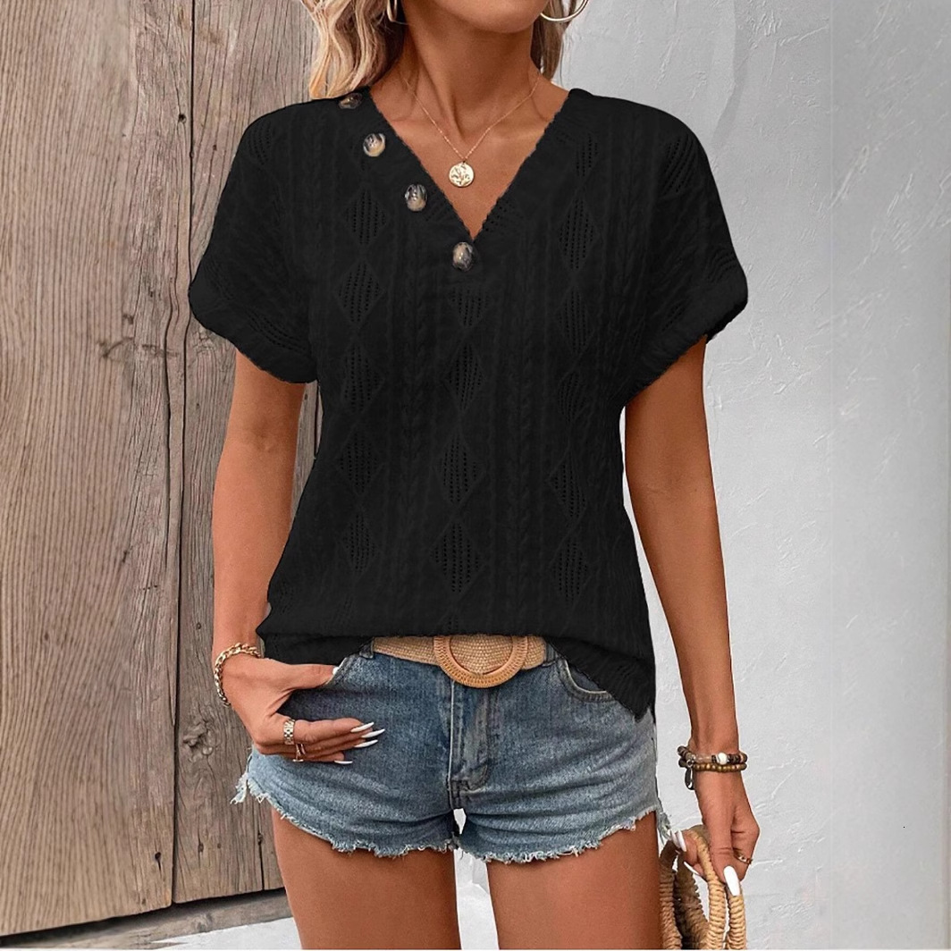 2025 New Women's Spring/Summer Collection V-neck Button Hollow Loose Short Sleeve Top T-shirt
