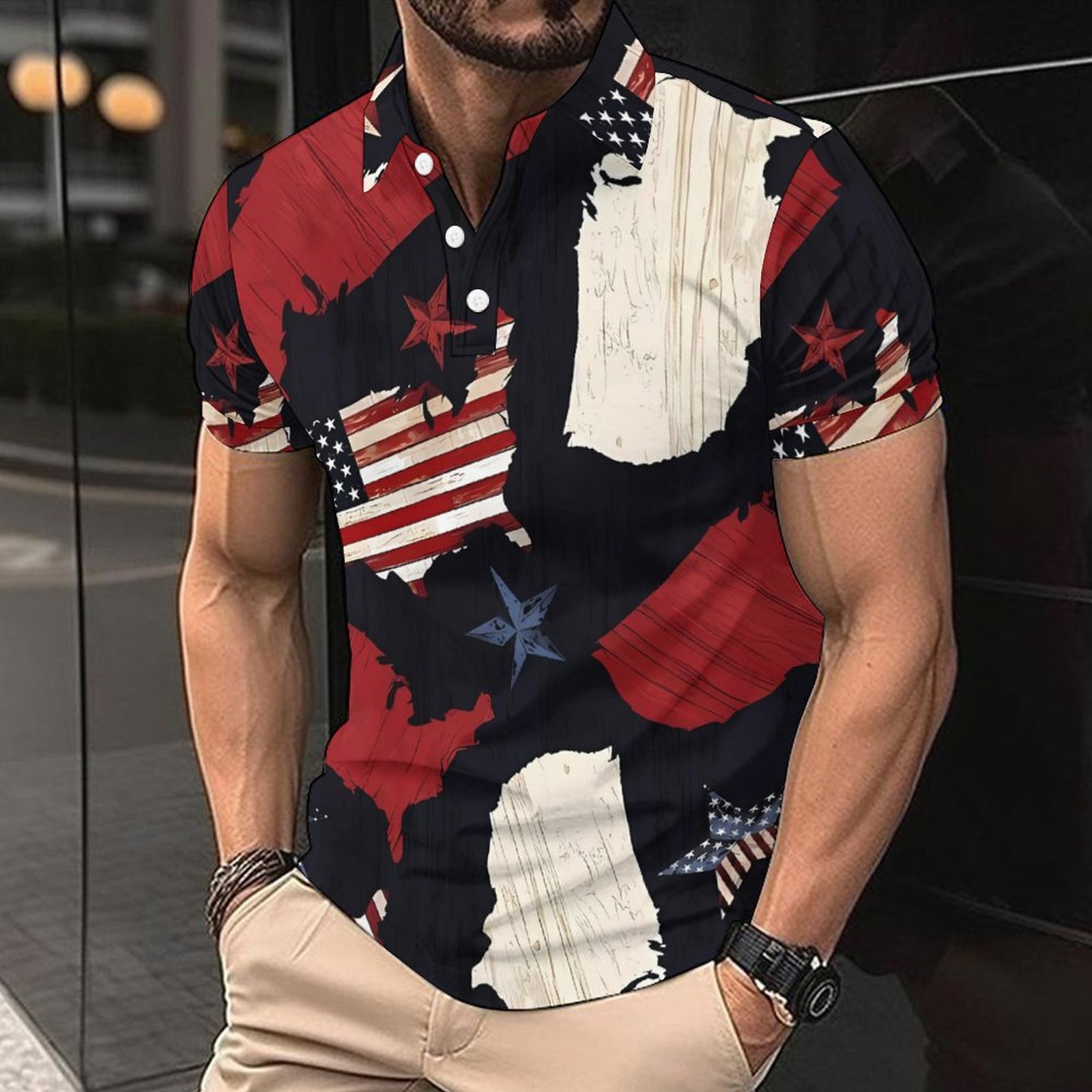 2025 summer collar digital printed polo shirt fashion casual men's American short sleeved T-shirt