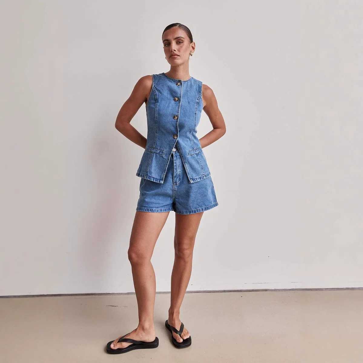 2025 Summer New Retro Ele Comter Denim Set Non Fleece Top+Shorts Round Neck Fashion Two Piece SetXJ250414
