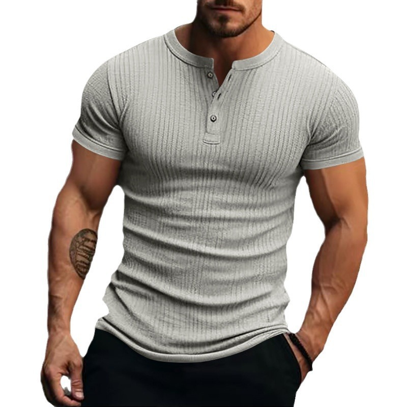 2025 casual men's with button down design, Henry collar, sports short sleeved T-shirt for men