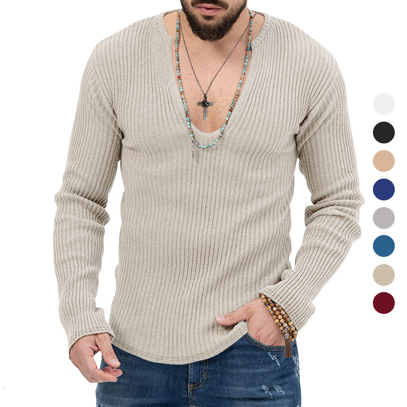 Men's clothing 2025 autumn and winter new sweater knitted solid color slim fit V-neck men's long sleeved T-shirt