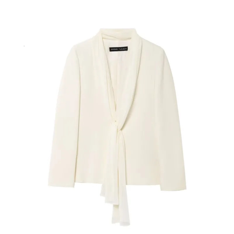 HipTeam Womens Scarf Collar Jacket Vneck Comparative Fabric Coat Long Sleeve with Shoulder Pads Casual 250414Z