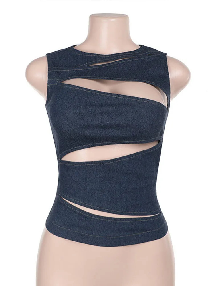 Sexy Hollow Out Denim Vest Women Solid Slim Sleeveless Stand Collar Lace Up Top Female 2025 Summer Y2k High Street Lady Outwears 250411