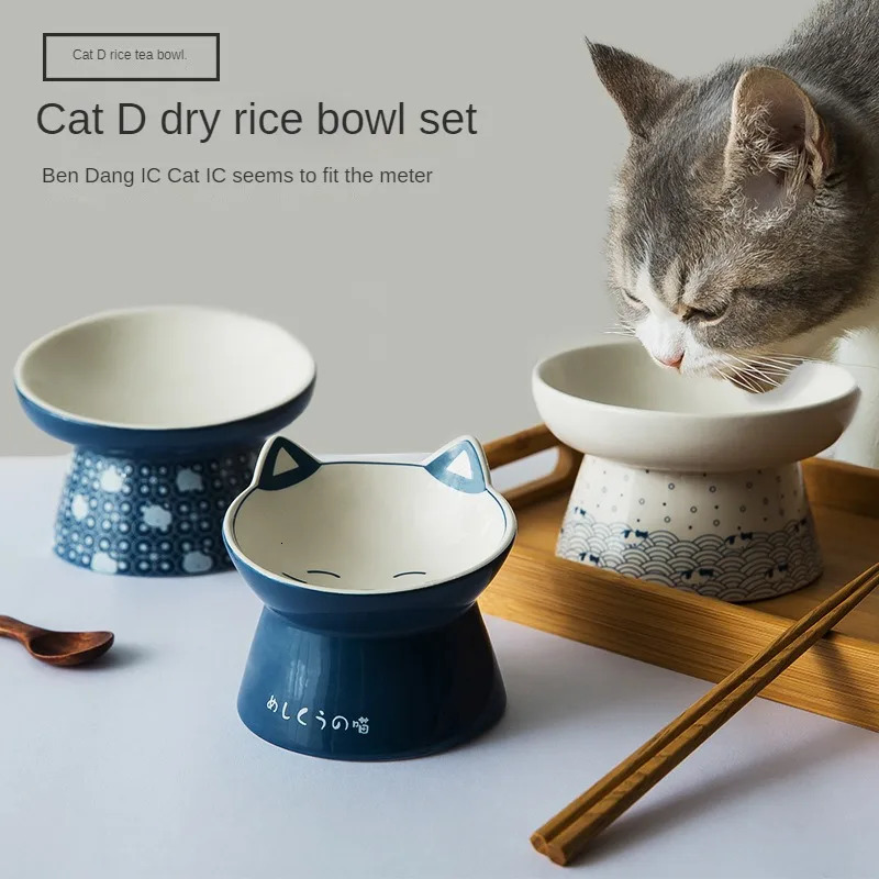 Japanese style cat bowl ceramic double bowl anti knock food bowl dog bowl cat beverage bowl automatic beverage pet supplies 250414