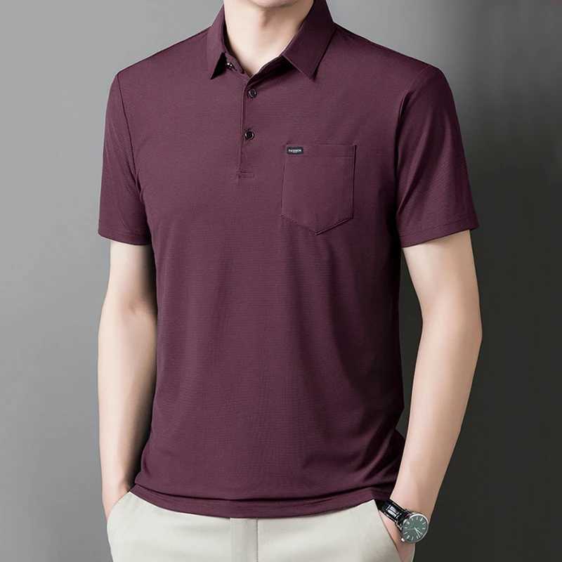 Summer silk short sleeved polo shirt mens solid patch work collar button pocket fashionable and simple casual button W250414