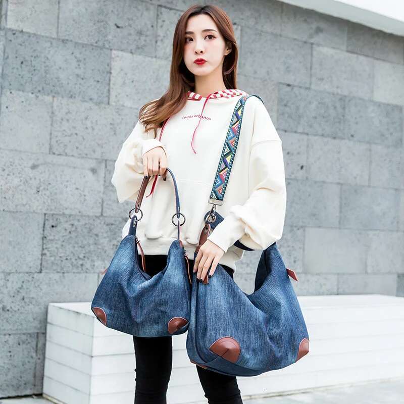 Leather Strap Large Denim Big Shoulder Bag Blue Jeans Handbag Jean Denim Tote Crossbody Ladies
