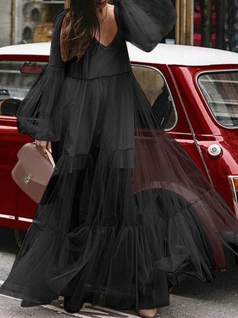 2025 Summer New Womens V-neck Fashion Bubble Sleeve Mesh Transparent Dress Long Skirt