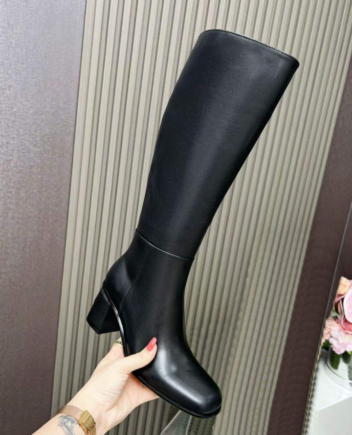 Women's mid heeled leather long boots with fashionable jacquard zipper opening round toe high heels for fashion shows parties parks leisure Martin 35-41