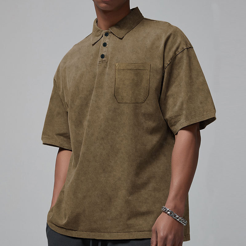 2025 New Collar Button Summer Loose Short sleeved Men's High Street T-shirt