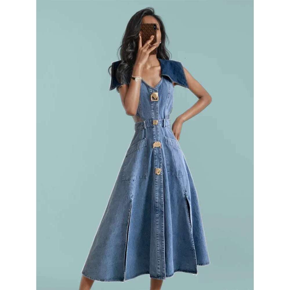 DEAT New Fashion Women's Patchwork Lapel Sleeveless Denim Dress 2024 Summer Trendy Single Breasted Split Dresses Female 33A1637