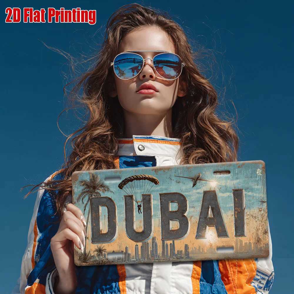 Printing Vintage Metal License Plate Outdoor Wall Art DUBAI Aluminum Sign with City Skyline and Paragliding Scene GreaM251114
