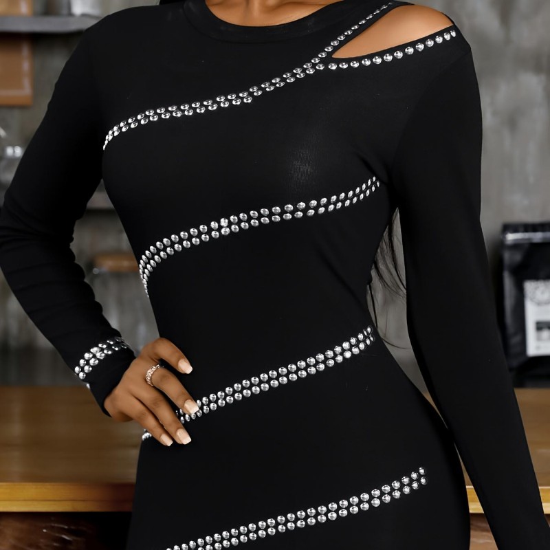 Urban Sexy Dresses Women's Black Rhinestone Striped Bodycon Mini Dress - Long Sleeve Cutout Shoulder Slim Fit Dress, Sparkly Club Party Evening D