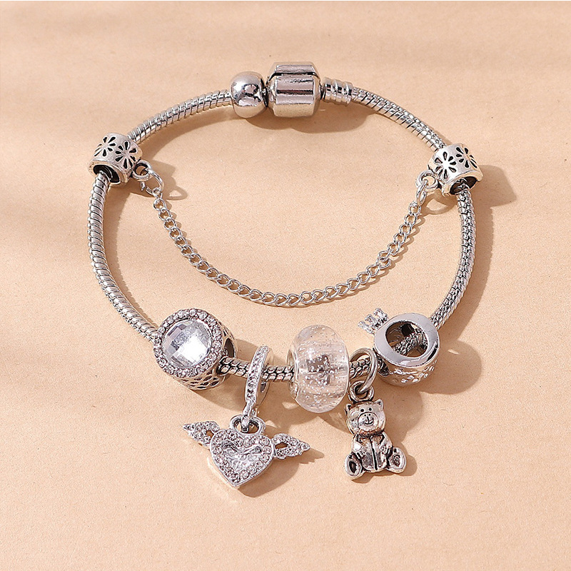 Silver-Toned Bracelet With Angel Heart, Teddy Bear Charms And Rhinestone Accents Delicate Daily & Whimsical Jewelry Gift For Her High-Quality Fashionable Accessory