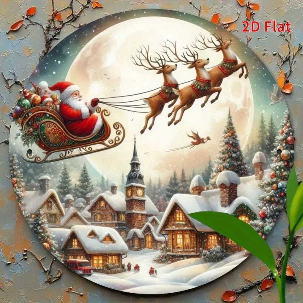 Vintage Santa Claus Sleigh Metal Wall Decor - 2D Flat Christmas Decoration with Reindeer Winter VillageM251114