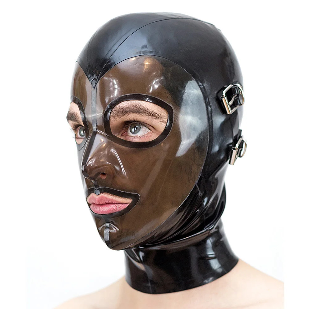 Latex Mask Rubber Hood Cosplay Headgear with Detachable Blindfold and Mouthfold Back Zip Handmade S-LM314 250410