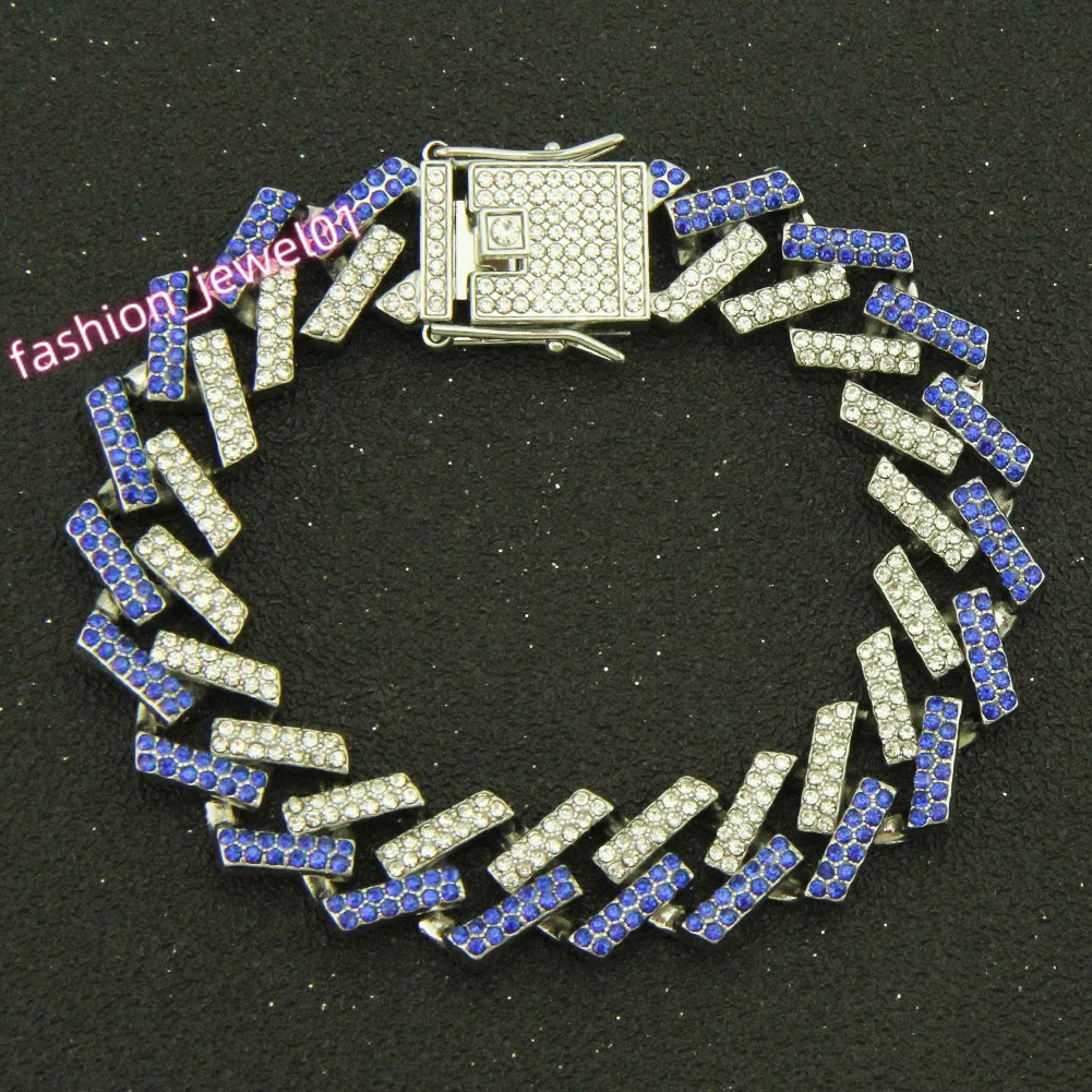 15MM Paved Blue Rhinestones Cuban Link Bracelet for Men Women Bling Iced Out Cuban Bracelet Chain Hip Hop Rapper Jewelry Gift