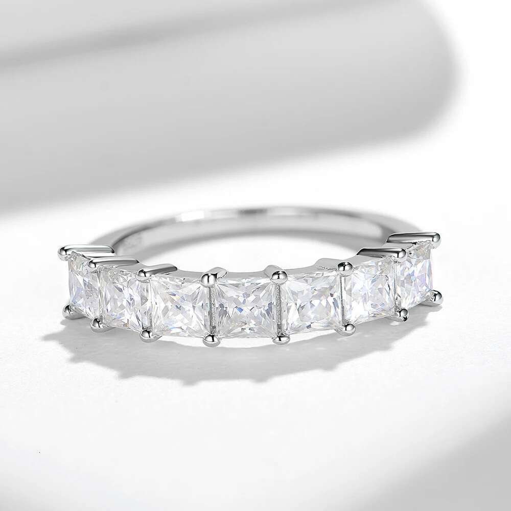 3.5mm Princess Cut Moissanite Diamond Ring for Women Square Shape Half Eternity Band 925 Sterling Silver Bridal Wedding Ring