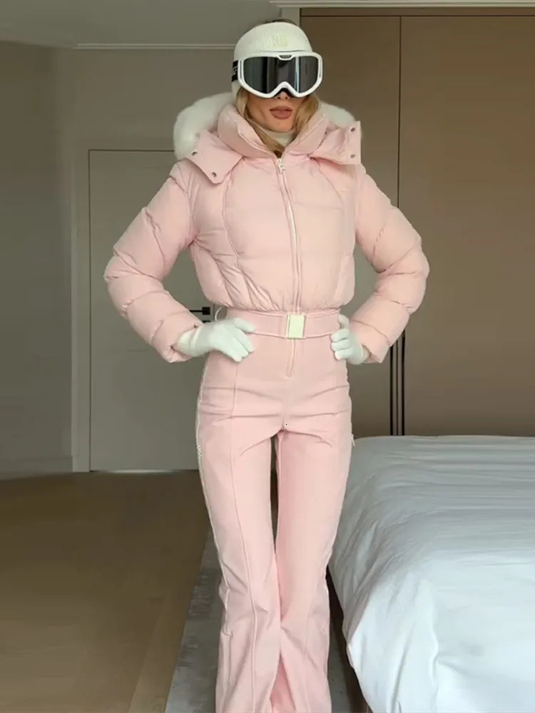 Cotton Padded Jumpsuits Skiwear Parka Women Hooded Zipper High Waist Warm Female Jacket Snow Winter Outdoor OnePiece Overalls 251114