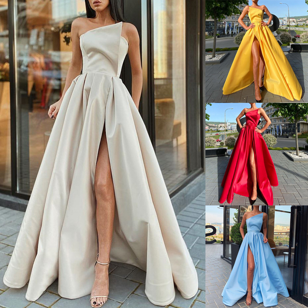 S8927 2025 Summer New Womens Single Shoulder Strapless Dress Long Skirt Sexy Slit and Large Swing Dress