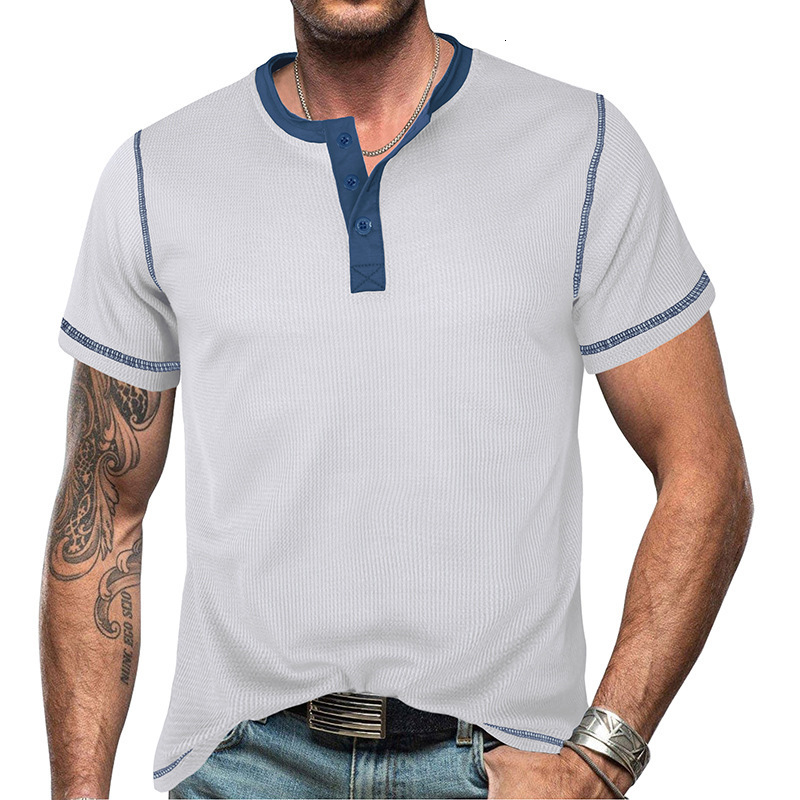 2025 Summer Mens Short sleeved Henley Shirt Mens T-shirt Top Color blocked Henley