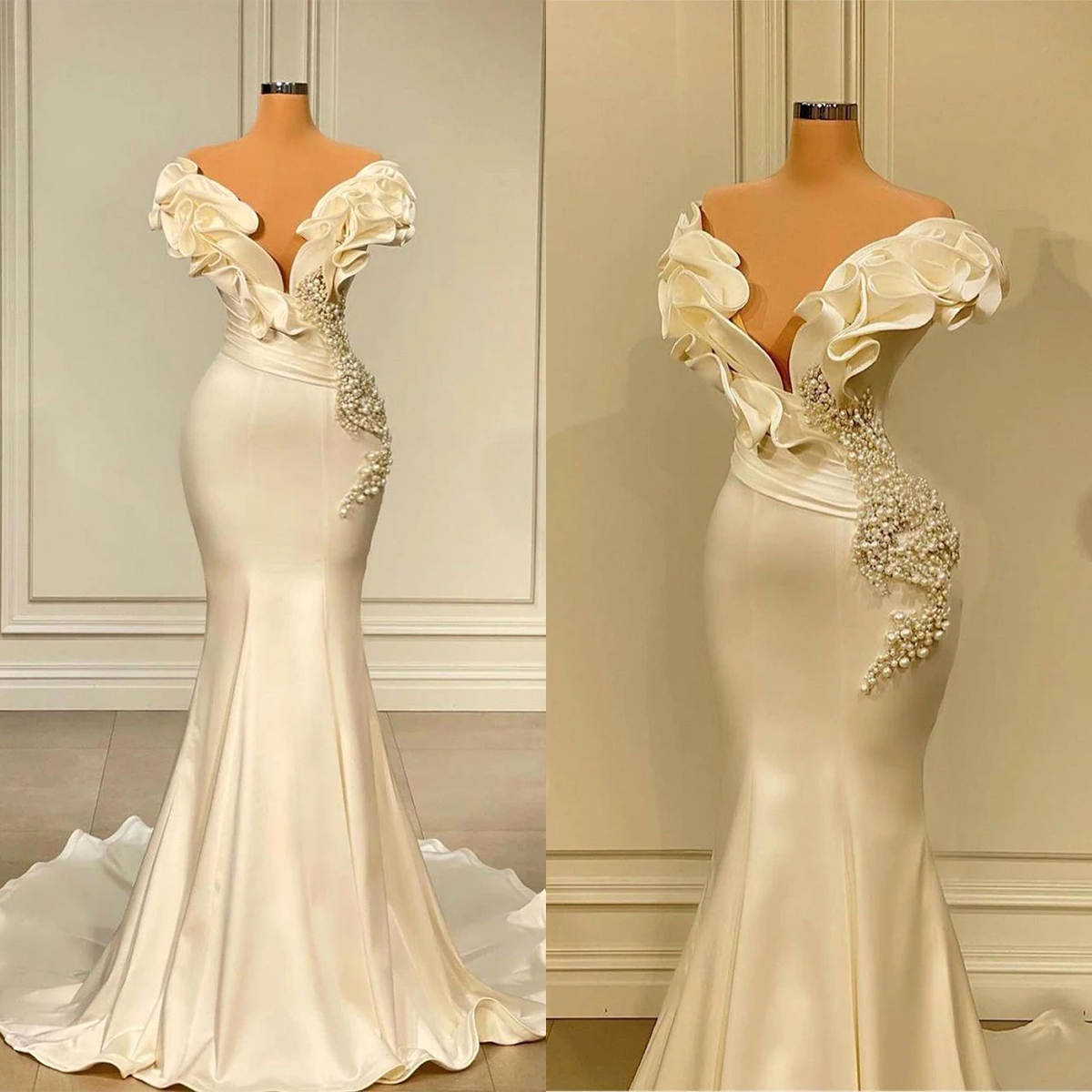 Satin Mermaid Wedding Dress V Neck Pleats Pearls Beading Bridal Gowns Customized Sexy Backless Bride Dress