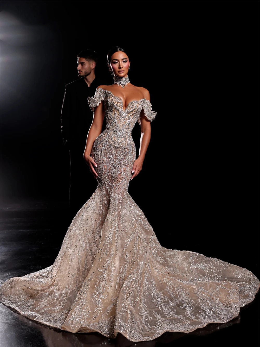 Gorgeous Sequined Mermaid Wedding Dresses Exquisite Off The Shoulder Bridal Gown Illusion Vestido De Novia Customized