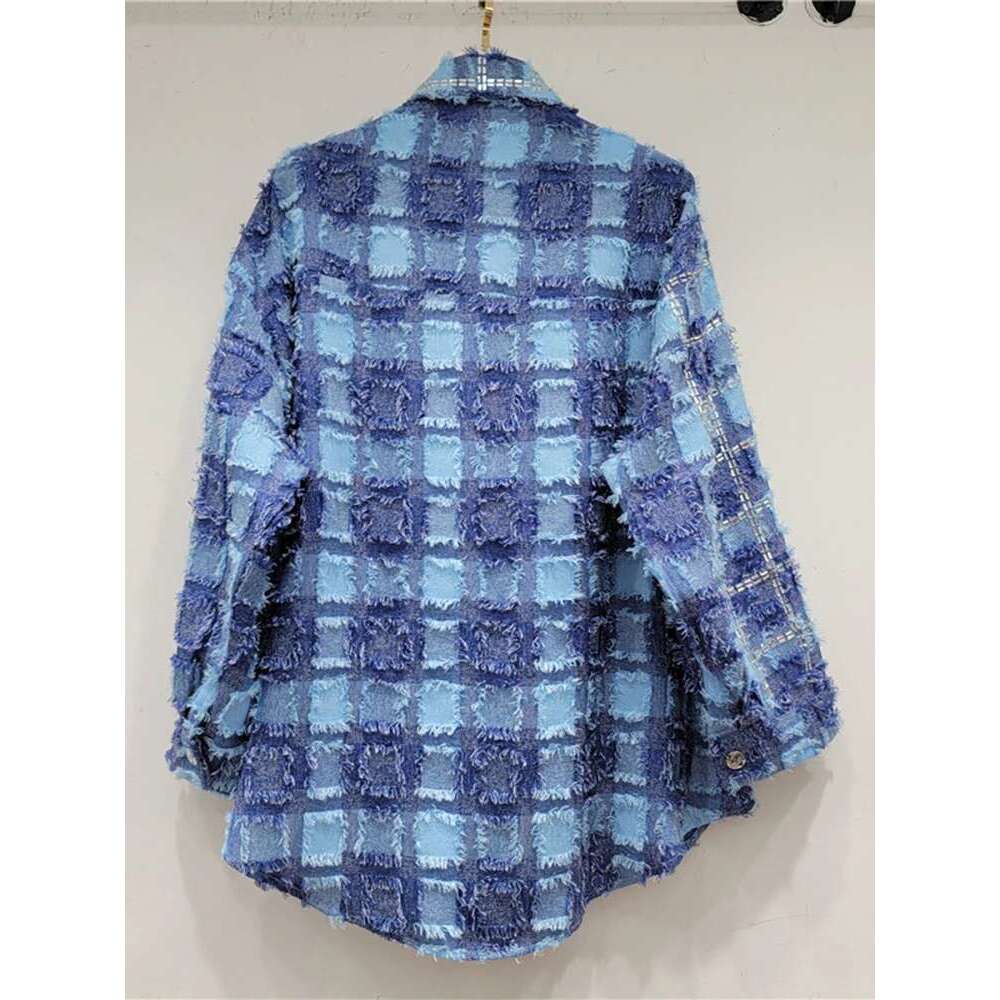 DEAT Women's Denim Shirt Loose Patchwork Plaid Burrs Edge Colored Dia Single Breasted Blouse 2024 Summer New Fashion 29L6604