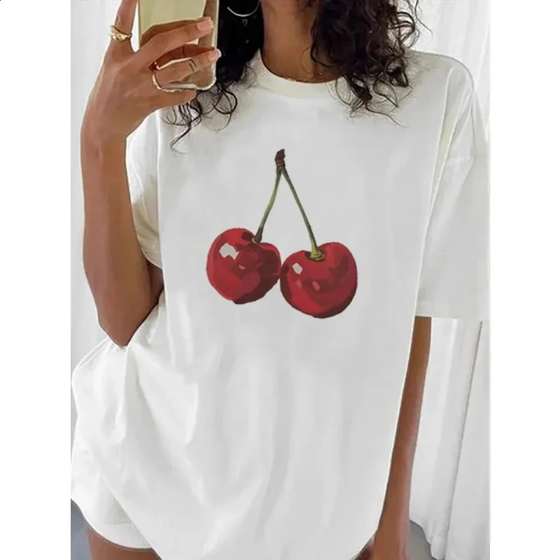 Cherry Fashion Graphic Printed Cotton T-shirt Fruit Harajuku Large Ultra Thin Cherry Womens Summer Breathable Short Sleeve T-shirt 250410