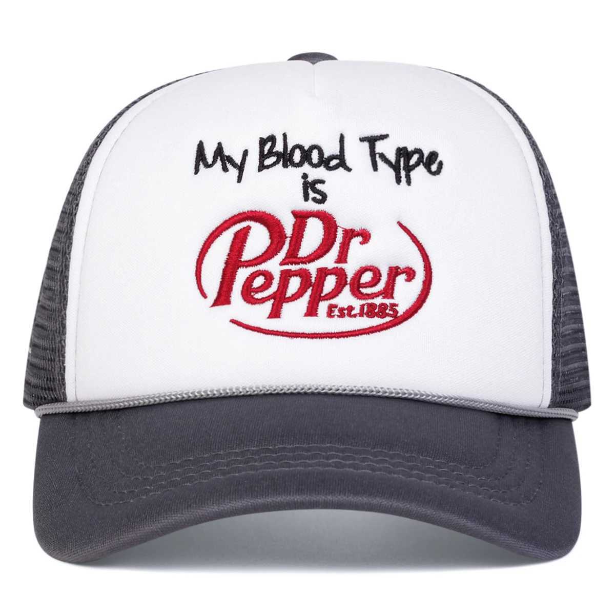 The unisex My Blood Type is a Dr Pepper embroidered baseball mesh cap for spring and summer outdoor sun protection adjustable casual truck cap W250414
