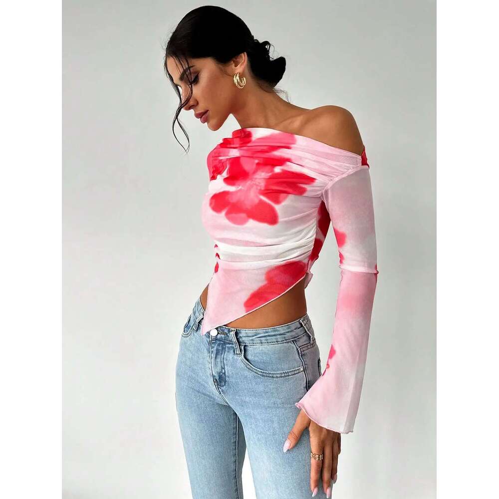 Sweet Spice Personality Style Mesh Print Diagonal Shoulder Long Sleeve Irregular Off-the-shoulder Short Top for Women