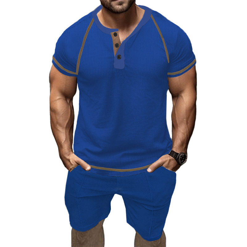 Summer Fashion Casual Slim Fit Wear Henry T-shirt Waffle Sports Shorts Set Men's