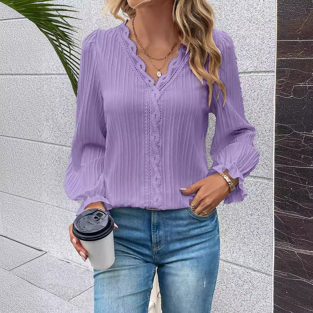 2025 Autumn Long sleeved V-neck Lace Panel Hollow out Women's Shirt