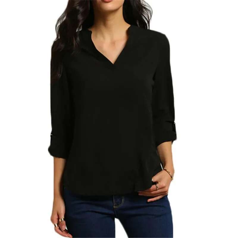 Blouses Long Female Fashion Plus Size Women's V-neck Long-sleeved Ruffled Sleeve Loose Chiffon Shirt