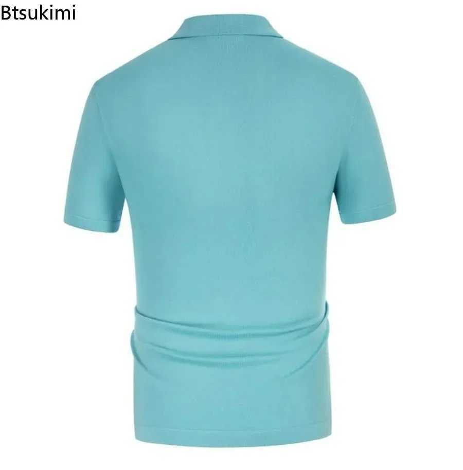 2025 Summer Mens Casual Shirt Knitted Patchwork Striped Polo Shirt Mens Flip Collar Button Slimming Top Ice Silk T-shirt W250414