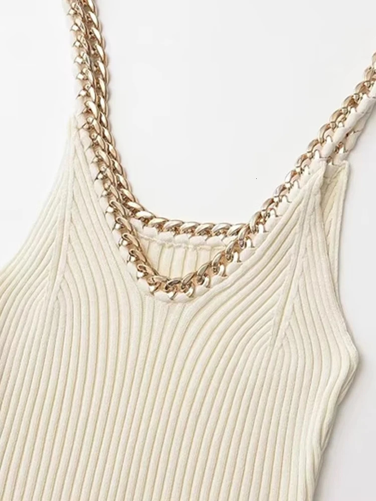 TRZA Ribbed Knitted Tank Top with Chain Vneck Thin Belt Womens Camis Sexy and Fashionable 250414
