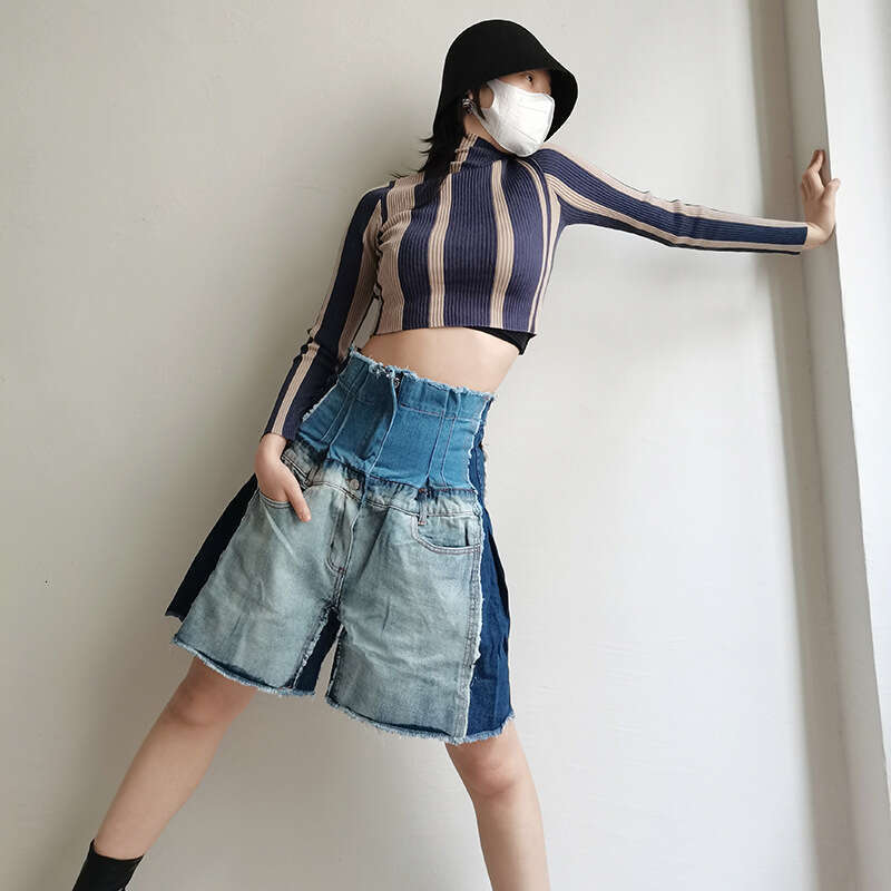 Designer Slimming Fashionable Women's Wide Leg Denim Shorts - High Rise & Colour Block Design