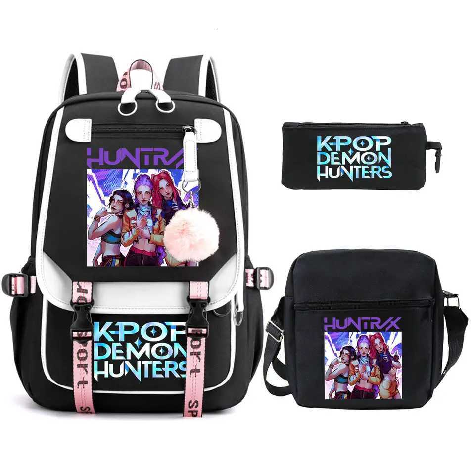 KPop Demon Hunters Backpack Shoulder Bag Pencil Case Three Piece Set Children Fashion Casual SchoolBag Saja Boys Travel BackpackW251113