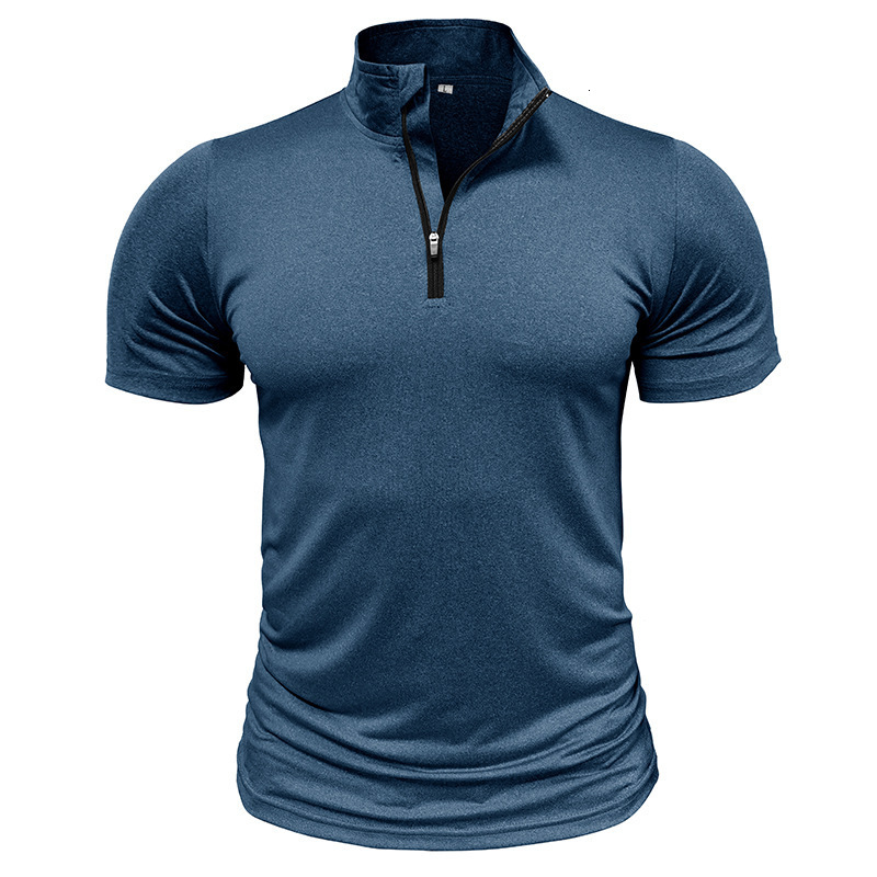 Summer mens outdoor sports and fitness zippered shirt with stand up collar high elasticity and quick drying short sleeved T-shirt for men