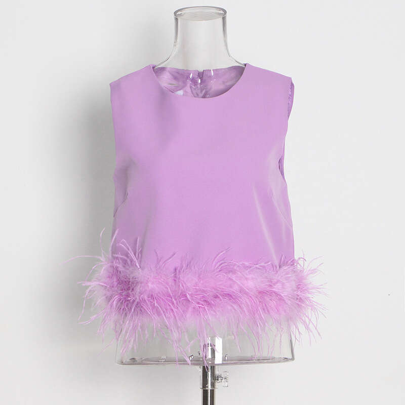 Designer Chic Solid Color Sleeveless Vest for Women - Sleek Spliced Ostrich Fur, Casual Wear