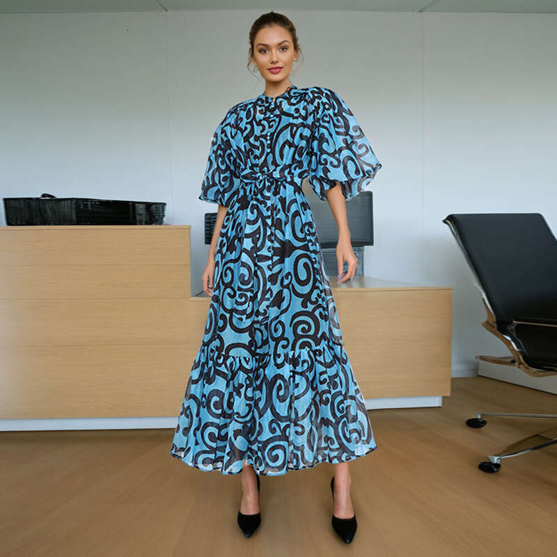 Designer Women's French Style Printed Maxi Dress with Bubble Sleeves - Loose Fit, Round Neck for Summer