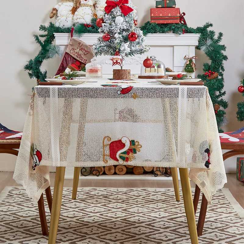 Christmas Khaki embroidered cartoon Santa Claus lace tablecloth Christmas party table cloth cartoon cute style Y251113