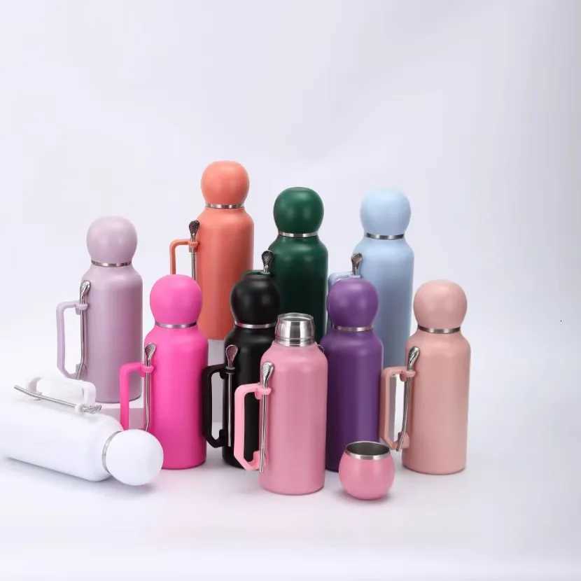 Portable and Simple Car Cup with Spoon Large-capacity Solid-color Handle Cup Stainless Steel Outdoor Double-layer Insulated Cup C251114