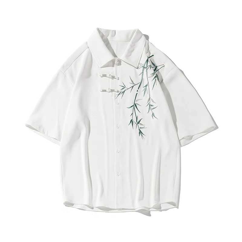 2024 Mens Short sleeved Embroidered Shirt Asian Style Trend White Black Shirt Summer Casual Button Down Shirt W250414
