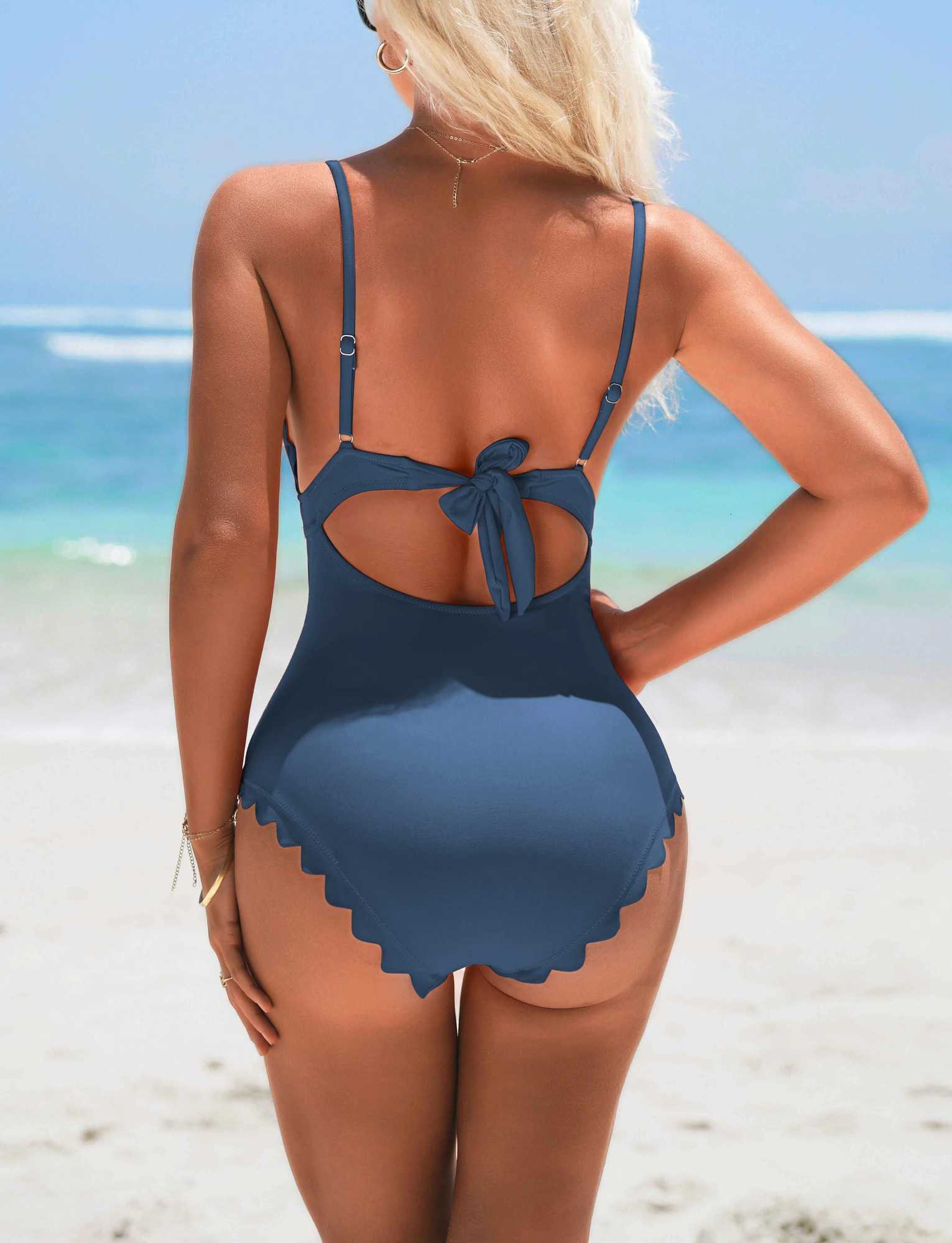 Anfilia Women Fashion One-Piece Swimsuit Solid Scalloped Trim High Elastic with Removable Padded Bathing Suit Sexy SwimwearW251113