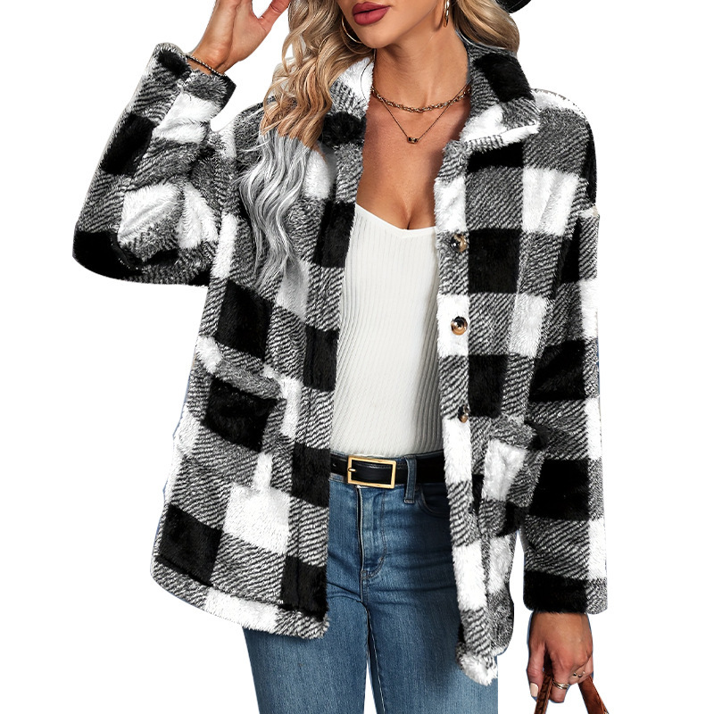 Temperament plaid woolen coat autumn and winter loose long sleeved thick cardigan top