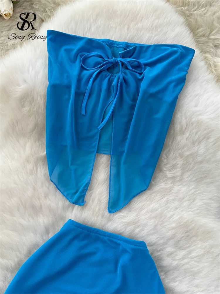 SINGREENY summer sexy beach set irregular hollow split strapless top+long body skiing womens vacation style mesh setXJ250414