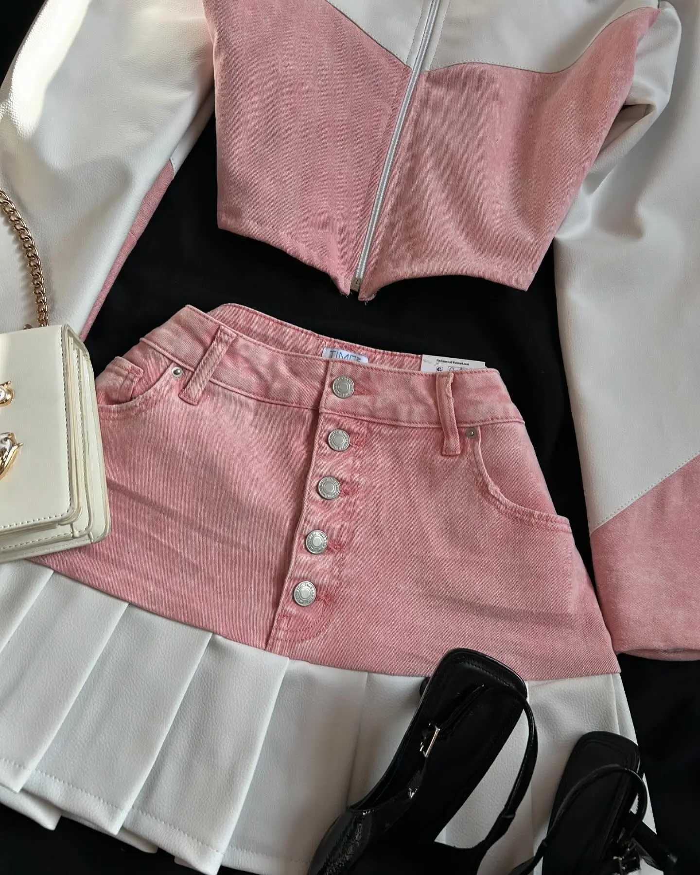 Harajuku New Y2k Two Piece Sets Womens Outifits Pink Leather Denim Splicing Zipper Jacket Skirt Sets Pleated Skirts StreetwearT250321