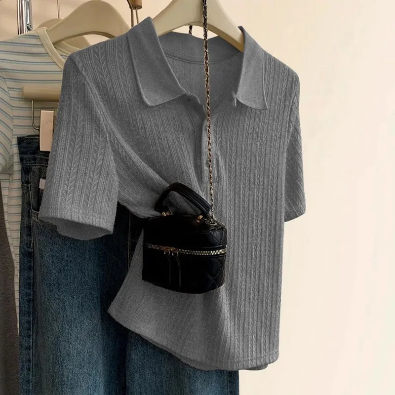 Womens Summer Loose Button Solid Color Polo Neck Short Sleeve Clothing Simple Appearance Thin Large Tshirt 250407